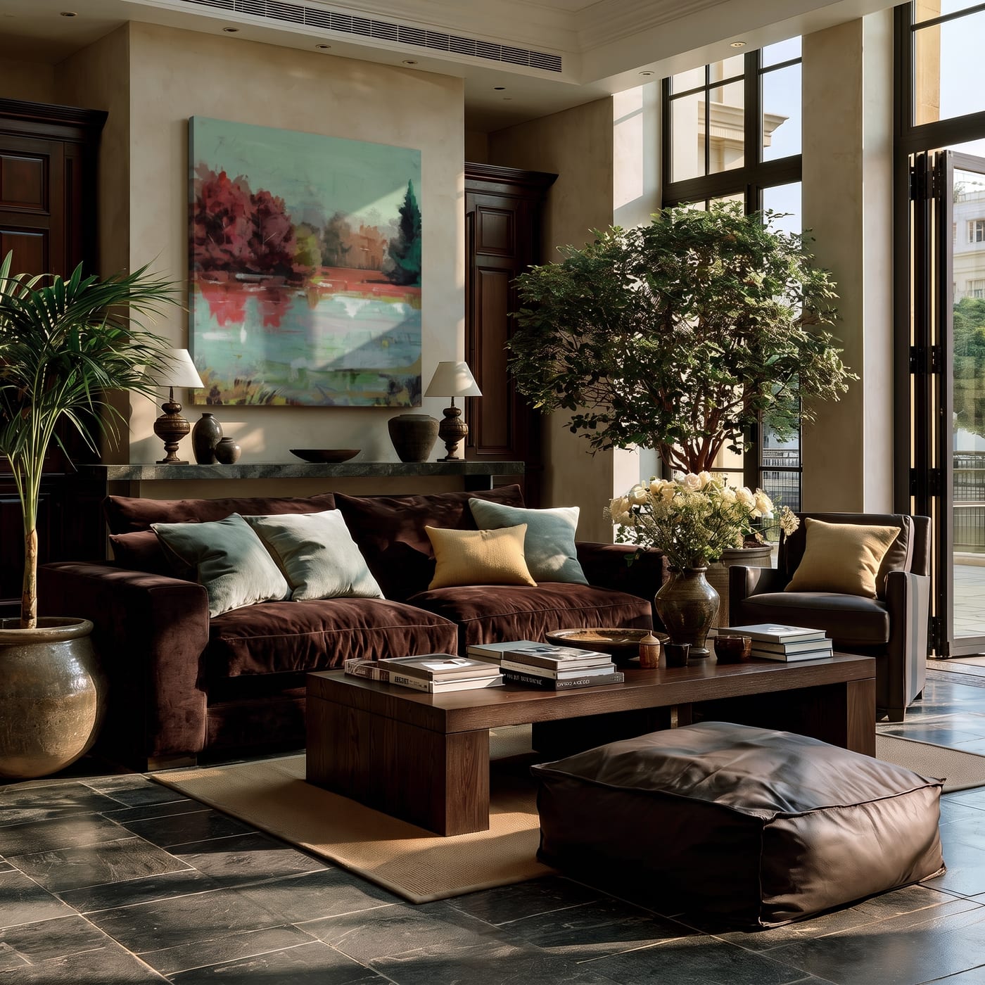 Lakeside autumn landscape painting above a mantel in a living room with a brown velvet sofa